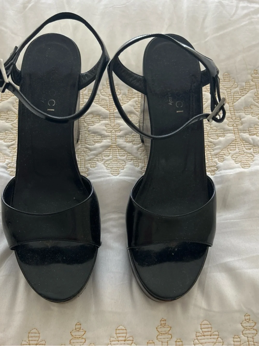 Gucci Black Patent Platform Wedge Sandals with Wood-Look Sole